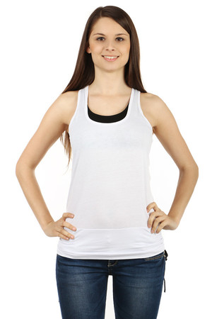Women's two-color tank top. Double-edged neckline with contrasting fabric. Drawstring and drawcord bottom hem. Material: 95%
