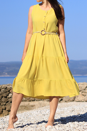 Summer women's dress with a drawstring upper part and an airy A-line skirt. one color design midi comfortable length without