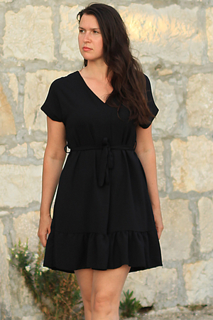 Cocktail airy women's dress. one color design on the front part from the neckline one vertical fold ruffled short sleeve a