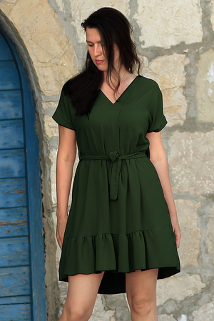 Cocktail airy women's dress. one color design on the front part from the neckline one vertical fold ruffled short sleeve a