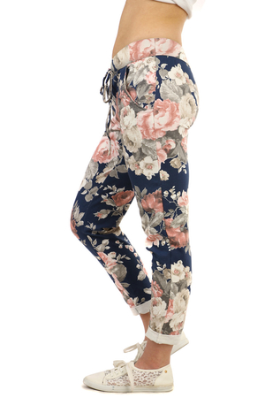 Women's sweatpants in a romantic style with a rose pattern fashionable shortened length stretch elastic sewn in waist and