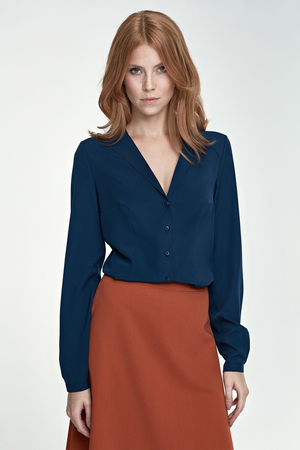 Social women's blouse with a deep neckline one color design V - neckline fastens with buttons shaped zippers long sleeve