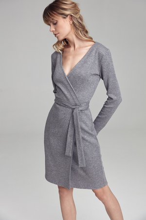 Women's knit wrap dress tie at the waist crossing in the neckline long sleeve knee length comfortable to wear slightly warm