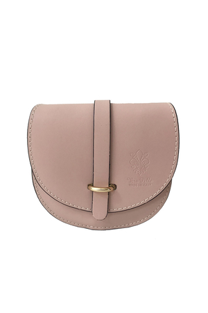Semicircular small leather handbag. can be worn over the shoulder or as a crossbody hung on a chain chain in gold color,