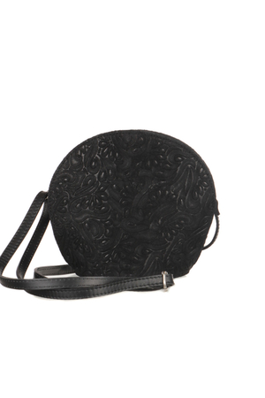 Women's leather round handbag with full-area floral relief interesting pattern original, well-held shape stable when laid