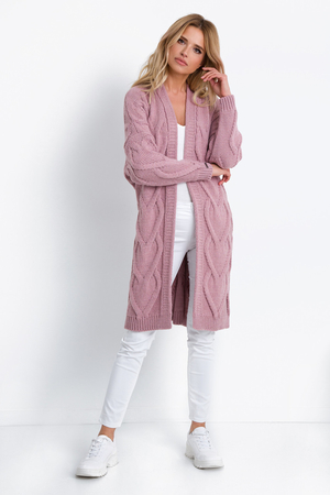 Women's long knitted cardigan soft tones and cheerful colors comfortable casual style lowered shoulder seams sleeves and