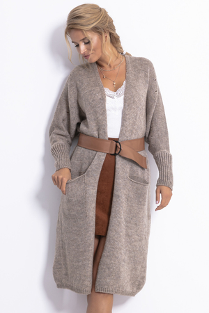 Women's perforated long cardigan with perforations on the sleeves and shoulders sleeves finished with a cuff fine light knee