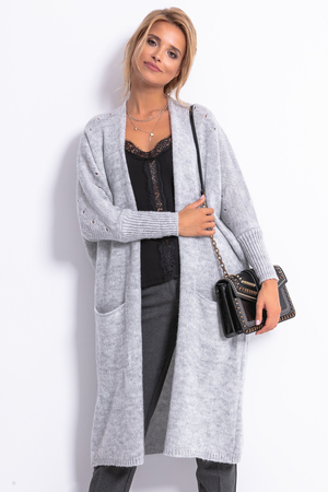 Women's perforated long cardigan with perforations on the sleeves and shoulders sleeves finished with a cuff fine light knee