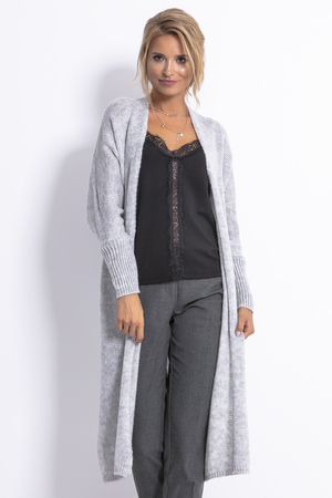 Long simple women's cardigan straight cut without fastening looks great with a belt copies the silhouette the sleeves end in