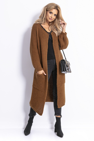 Long women's cardigan long below the knees two practical pockets on the sides long sleeves loosely knitted round hemmed