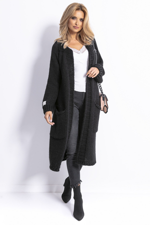 Long cardigan with large pockets on the sides long sleeves gently balloon sleeves edging the neckline along its entire length
