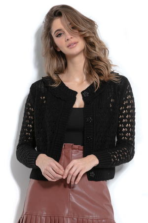Gentle women's cardigan long sleeves to the skirt perforated knitted collar with ruffle lining of sleeves and bottom edge