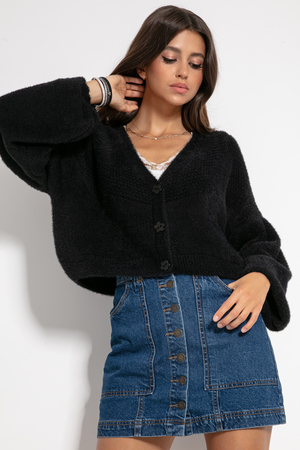 Fine women's cardigan: with buttons short long sleeves free cut comfortable soft, flexible, light knit hairy Material: 80%