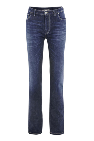 Women's dark jeans from the German brand Living Crafts made of organic cotton straight cut higher seat five pockets belt