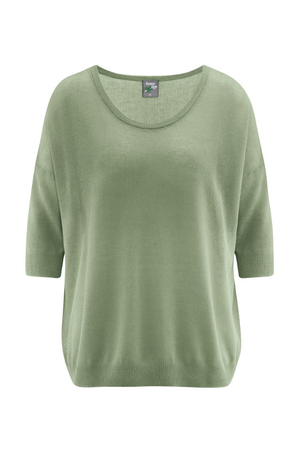 Sustainable women's sweater: casual style informal lowered sleeve seams round neckline wear over the top on hangers
