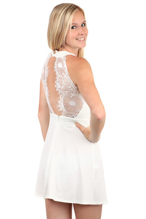 Unconventional dress with lace back. Button and zip fastening. Small neckline at the front. Import: Italy Material: 95%