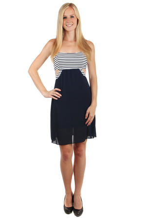 Unusual dress with cuts on the back and sides. Striped top. Bottom of multilayer. Zippered at the back. Import: Italy