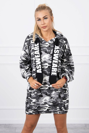 Oversized women's camouflage dress/sweatshirt longer length long sleeve distinctive printed laces at the hood two pockets on