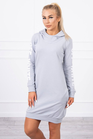 Solid colour cotton dress / sweatshirt collar goes into hood long sleeves vertical print on sleeves 2 functional pockets on