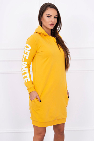 Solid colour cotton dress / sweatshirt collar goes into hood long sleeves vertical print on sleeves 2 functional pockets on
