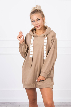 Long women's sweatshirt / dress monochrome design hood has drawstring with print long sleeves wider straight cut comfortable