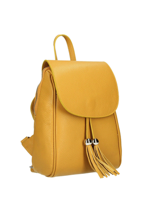 A smaller leather backpack with fringe from the Italian manufacturer detail of fringe and balls flap with zipper zipper