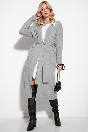 Woolen Long cardigan with pockets with belt V-neckline elasticated cuffs on sleeves year-round wear casual style long 100%