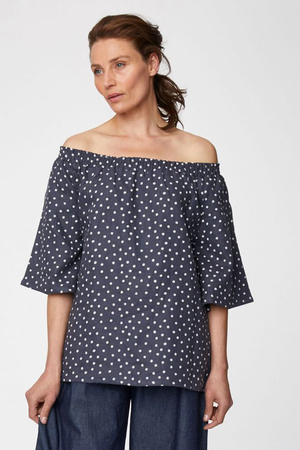 Natural hemp blouse with polka dots: romantic ageless cut and pattern navy blue with white polka dots carmen neckline, can be