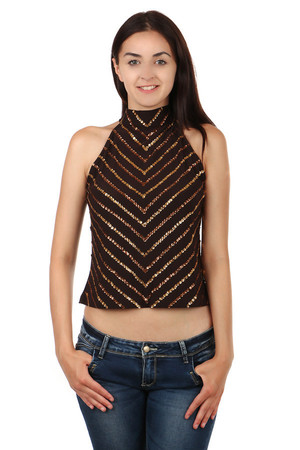 Women's waist top decorated with sequins. Two buttoned neck fastening. Material: 92% polyester, 8% elastane
