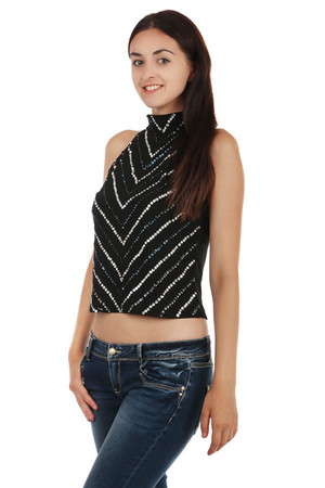 Women's waist top decorated with sequins. Two buttoned neck fastening. Material: 92% polyester, 8% elastane