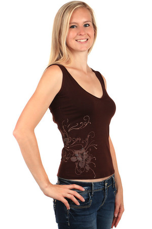 Women's singlet with atypical neckline on the back. Floral print on the right side. Material: 70% viscose, 25% cotton, 5%