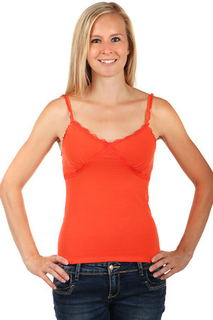 Women's short tank top on narrow straps. V-neckline. Delicate lace lines hangers. Material: 90% cotton, 10% elastane