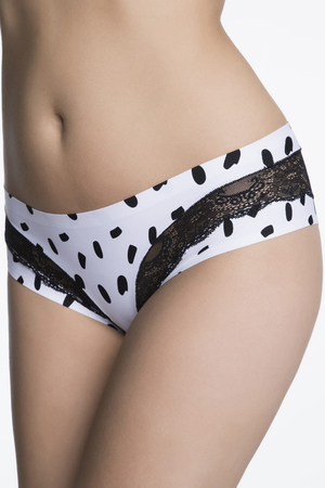 Women's white panties with black lace and black spots. in the front and back a combination of smooth fabric and black lace