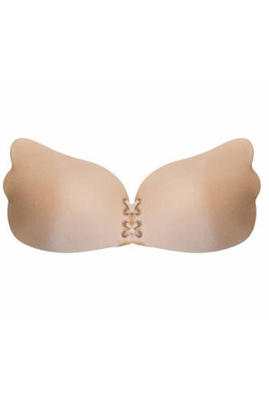 Self-holding women's bra under formal dress. adhesive silicone layer on the inside of the cups (except the nipples) shaped