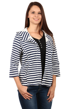 Fashion striped cardigan with hood. Without fastening. A small slit at the back that can be pulled down with a drawstring.