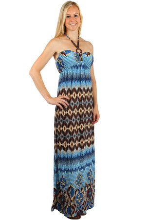 Long patterned dress. Neck ties. Decorative beads on strings. Material: 95% polyester, 5% elastane