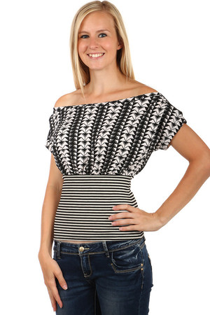 Women's unusual shirt. Upper loose, wide, with heeled neck and bare shoulders. Flexible high waist accentuating figure.