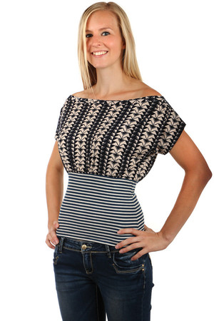 Women's unusual shirt. Upper loose, wide, with heeled neck and bare shoulders. Flexible high waist accentuating figure.