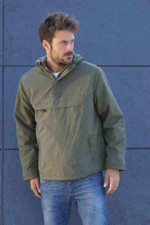 Men's one-color jacket with a hood and fleece lining for a transitional period. High quality from the German company Brandit.
