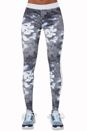 Women's sports leggings with modern print and mesh inserts on the legs made of functional, breathable ARCHROMA material with