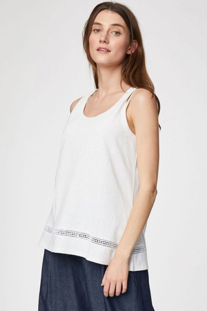 Women's summer tank top in hemp and organic cotton with lace wide shoulder straps round neckline loose fit lace detail at the