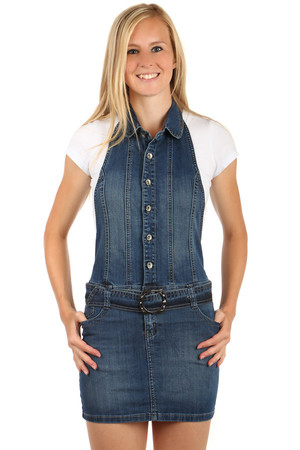 Fashionable jeans dress with belt. Button fastening. Neck Hanger. The backs are revealed. You can wear a T-shirt or