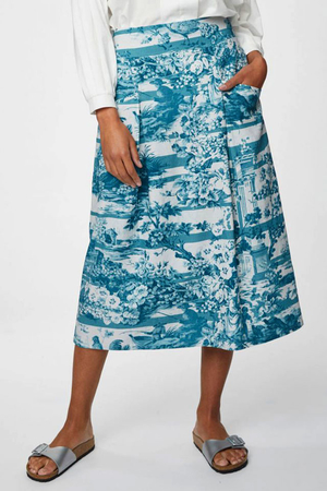 Unique blue and white ladies skirt with a distinctive French print made of a pleasant material with a high percentage of hemp