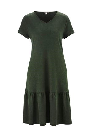 Ladies summer linen dress from German brand Living Crafts slightly A-line cut V-neckline short sleeves two practical sewn-in
