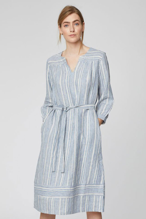 Summer shirt dress without fastening made of hemp with a pattern of fine vertical stripes visually lengthens the figure