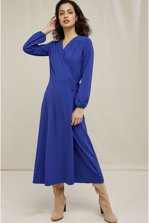 Wrap women's bi-cotton dress with balloon sleeves monochrome design long sleeves v-neckline midi length comfortable material