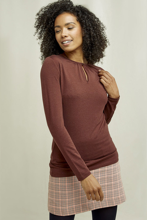 Women's shirt interesting cut-out in neckline long sleeves classic length wool and elastane blended tencel comfortable