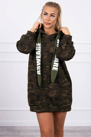 Oversized women's camouflage dress/sweatshirt longer length long sleeve distinctive printed laces at the hood two pockets on