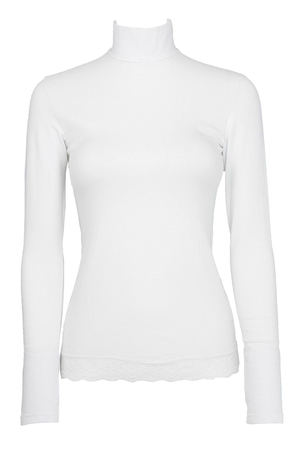 Ladies cotton turtleneck with long sleeves and decorative lace. made of stretch cotton knit front and back opaque bottom hem