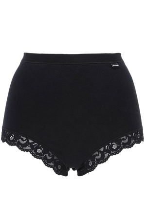 Women's high-waisted panties with decorative lace on the legs. made of stretch cotton knit smooth back of the panties front